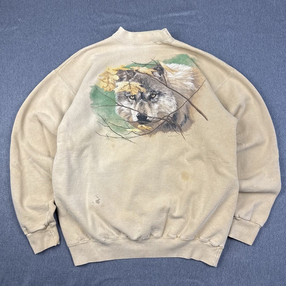 Vintage National Wildlife Sweatshirt Mens Large Timber Wolf 90s MADE USA STAINS